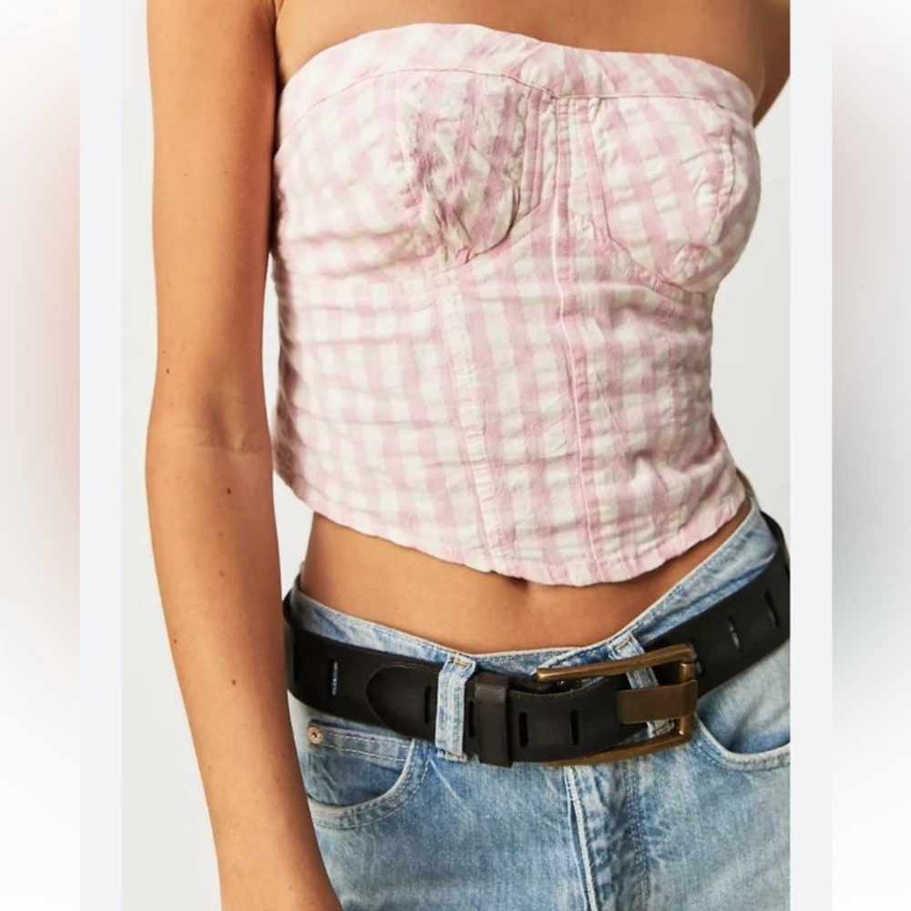 Free People Pink Gingham Strapless Bustier Crop Top